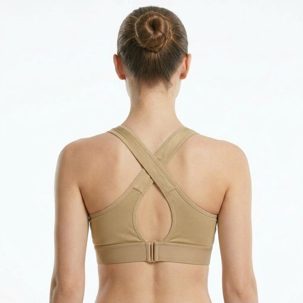Padded Zip-Front Cross-Back Sports Bra, Soft Olive