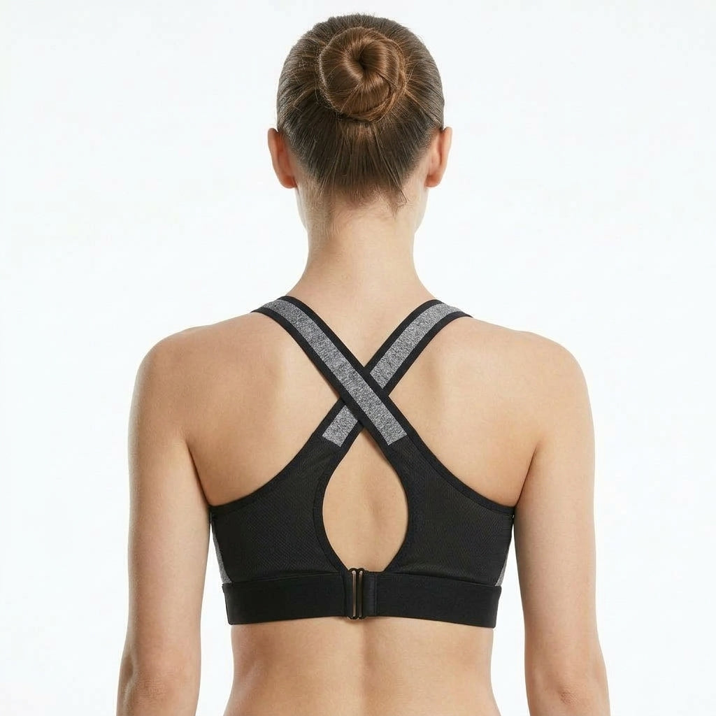Dotted Grey, Padded Zip-Front Cross-Back Sports Bra