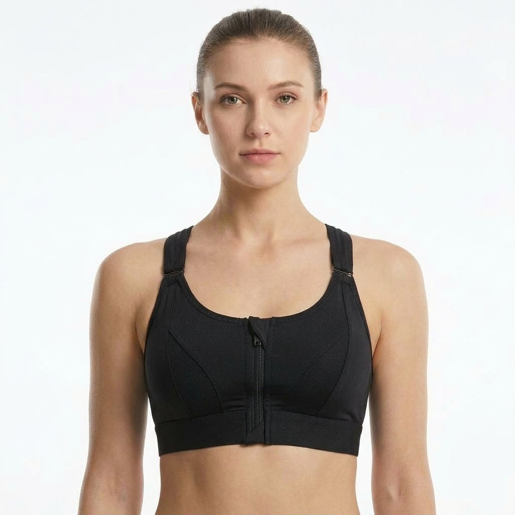 Padded Zip-Front Cross-Back Sports Bra, Black