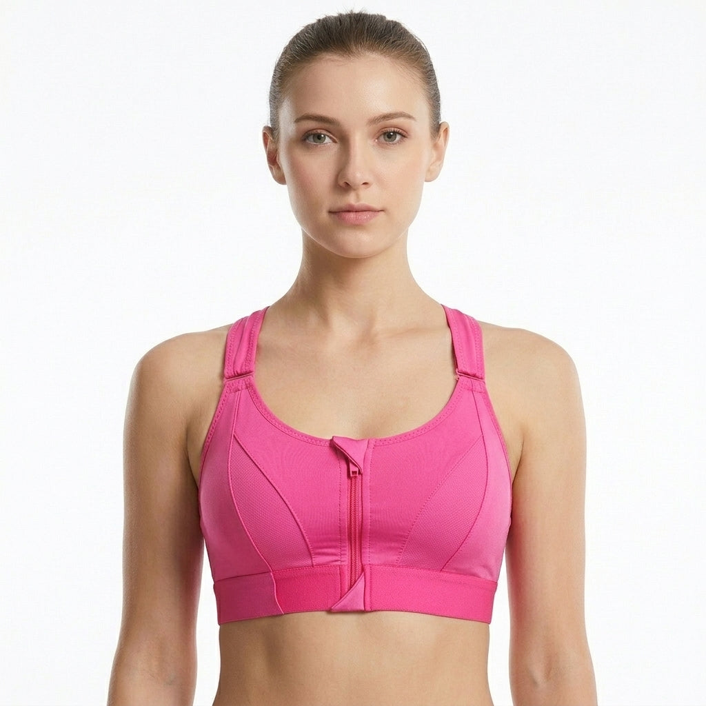 Flex Padded Front-Zip Keyhole Back Sports Bra, Hot Pink
