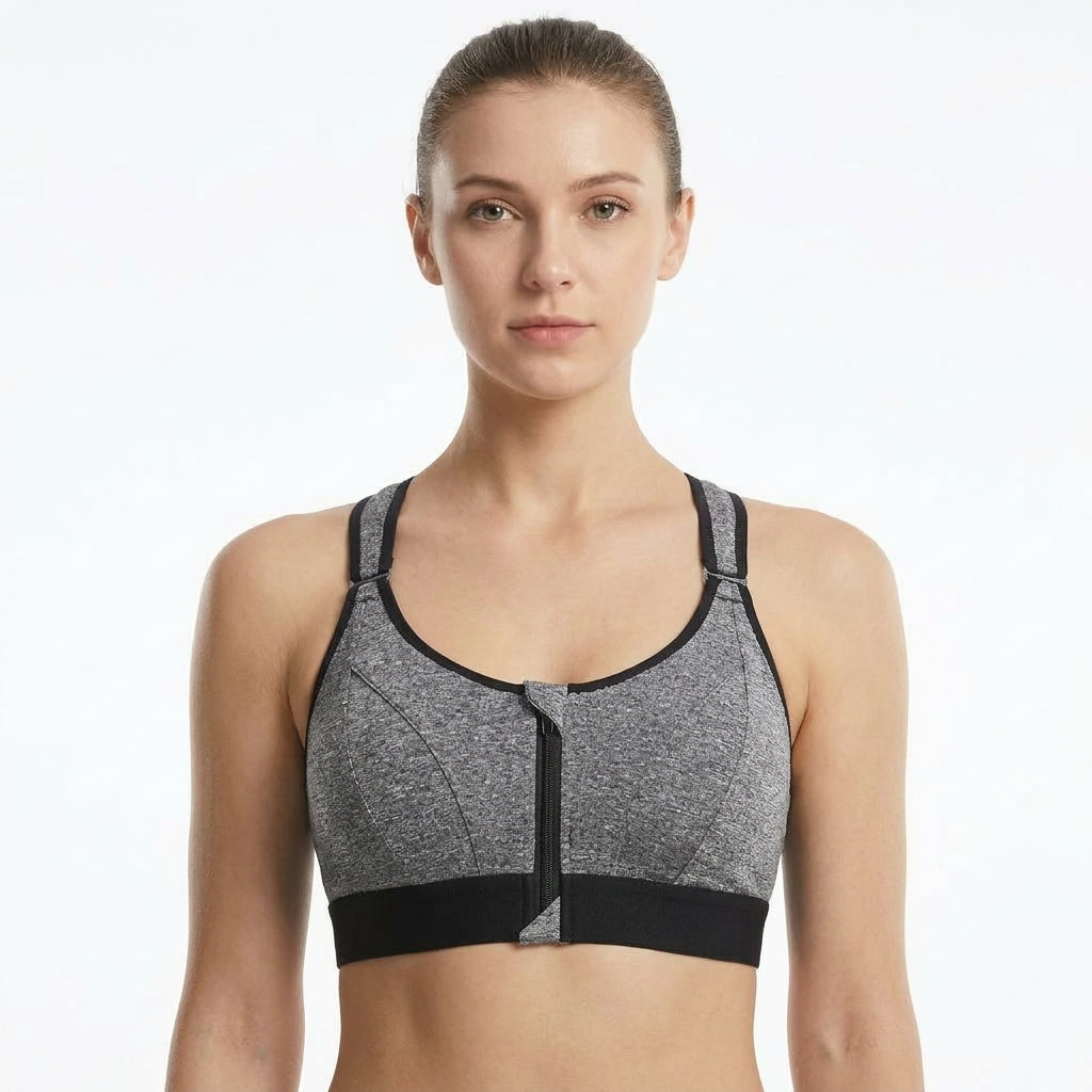 Dotted Grey, Padded Zip-Front Cross-Back Sports Bra