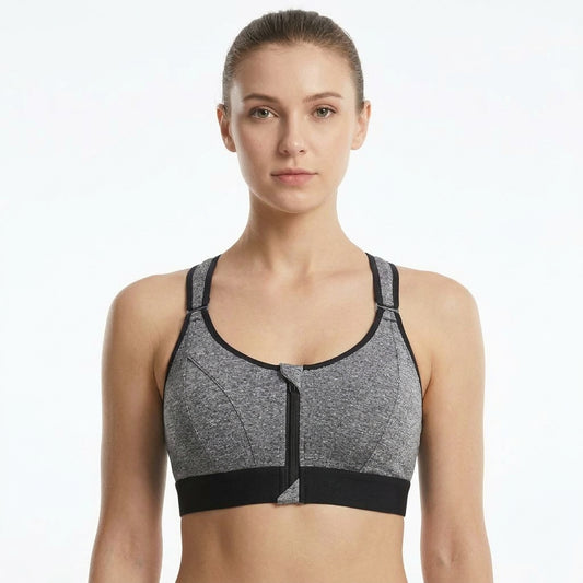 Dotted Grey, Padded Zip-Front Cross-Back Sports Bra