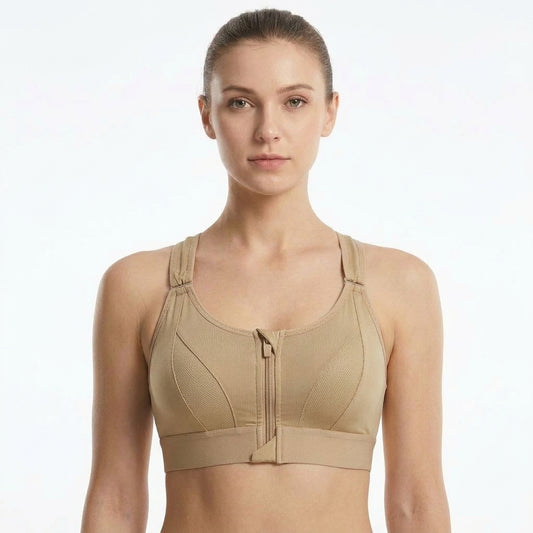 Padded Zip-Front Cross-Back Sports Bra, Soft Olive