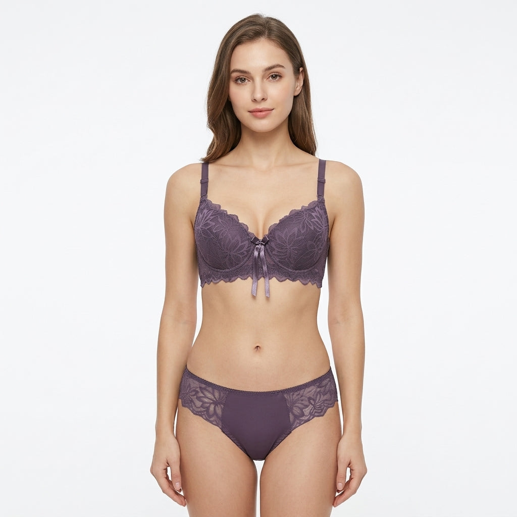 Dusty Purple Lace Padded Underwire Bra & Brief Set