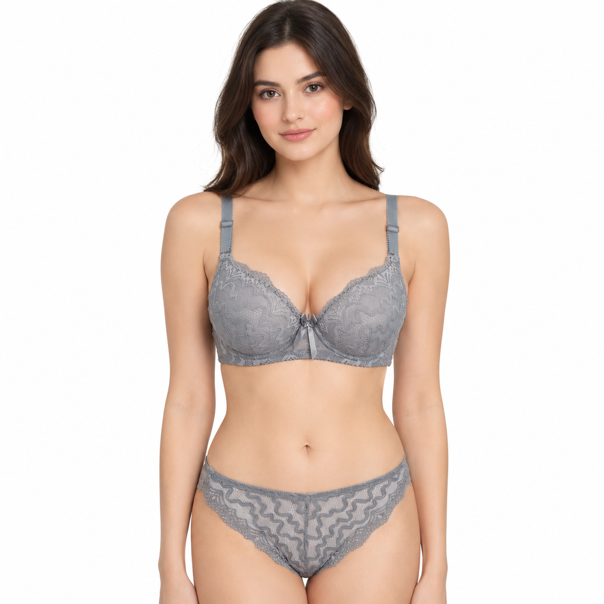 Grey Lace Bra Set, Padded & Wired