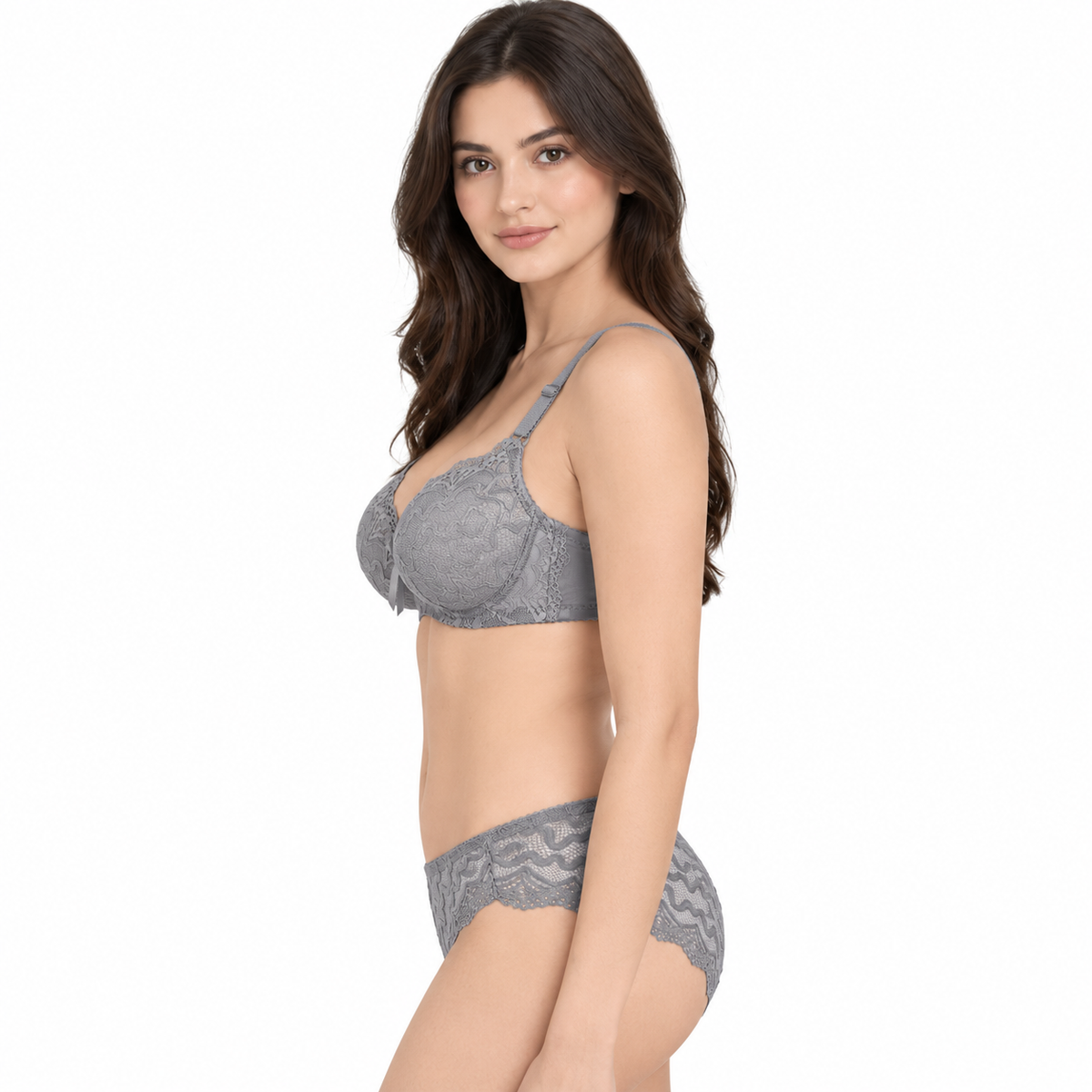Grey Lace Bra Set, Padded & Wired