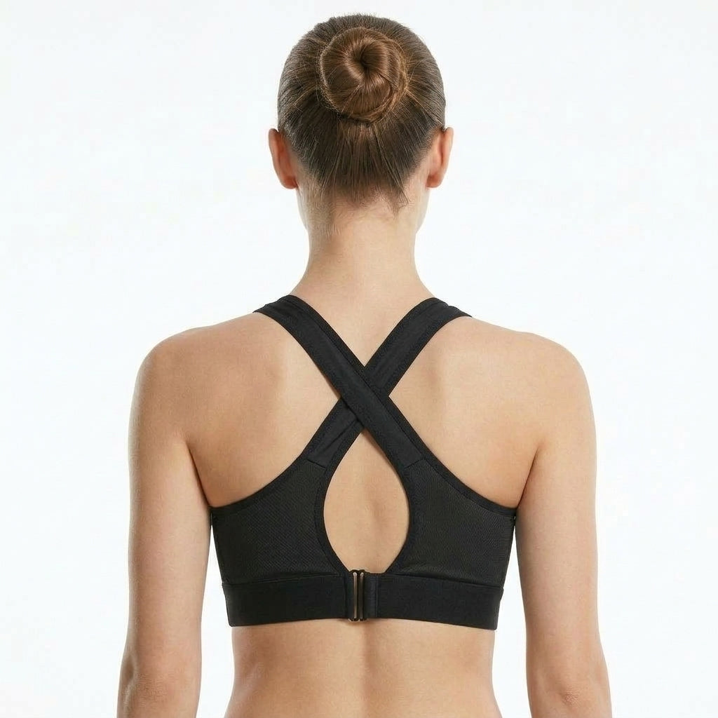 Padded Zip-Front Cross-Back Sports Bra, Black
