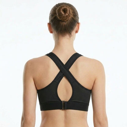 Padded Zip-Front Cross-Back Sports Bra, Black