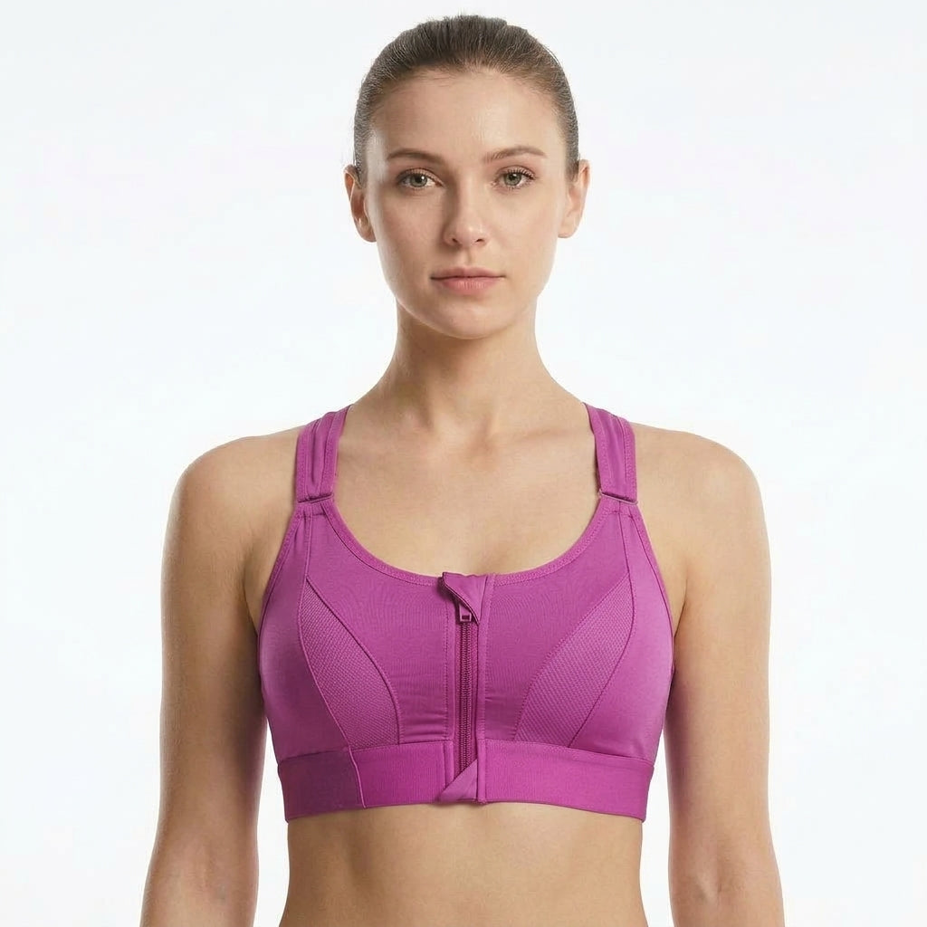 Vibrant Magenta, Padded Zip-Front Cross-Back Sports Bra