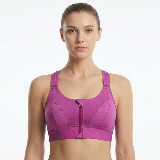 Vibrant Magenta, Padded Zip-Front Cross-Back Sports Bra