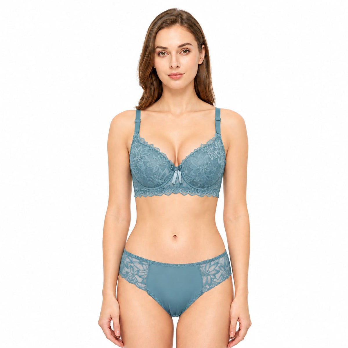 Steel Blue Lace Padded Wired Bra Set