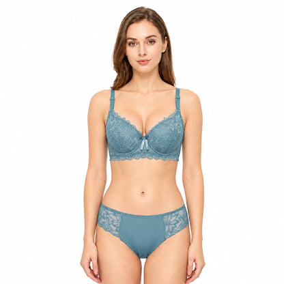 Steel Blue Lace Padded Wired Bra Set
