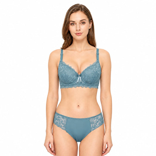 Steel Blue Lace Padded Wired Bra Set